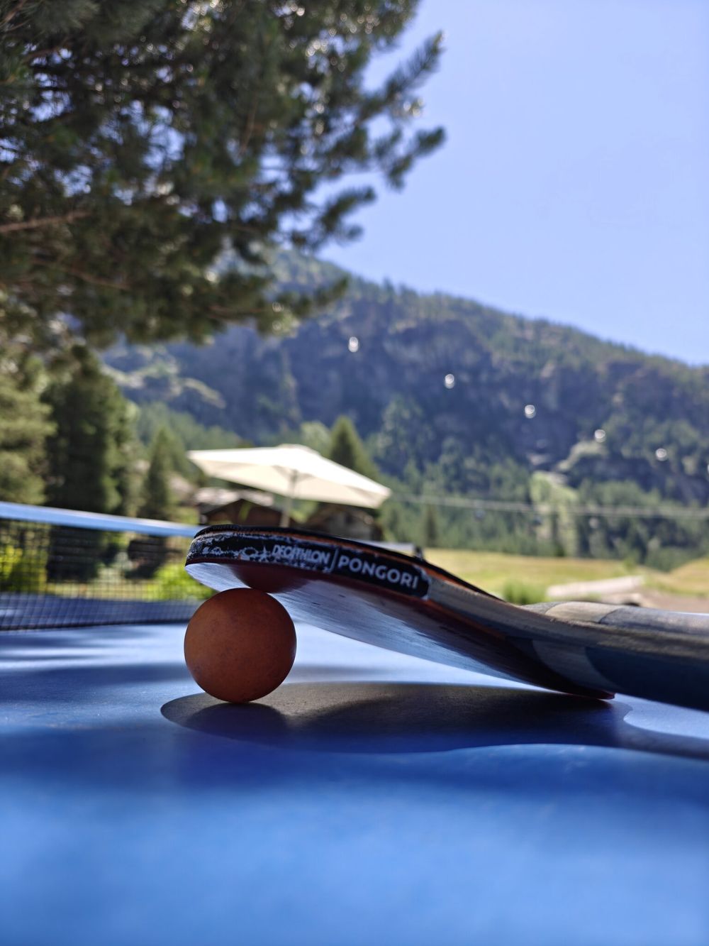 Tischtennisschläger und Ball auf dem Tisch mit Bergblick